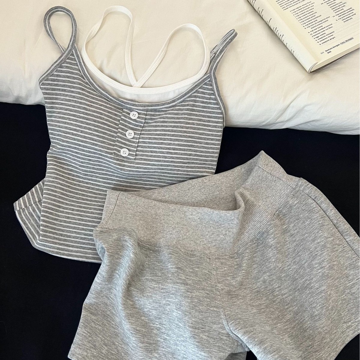 Suspender Tank Top - Lazy Simple Striped Padded Camisole Sleepwear